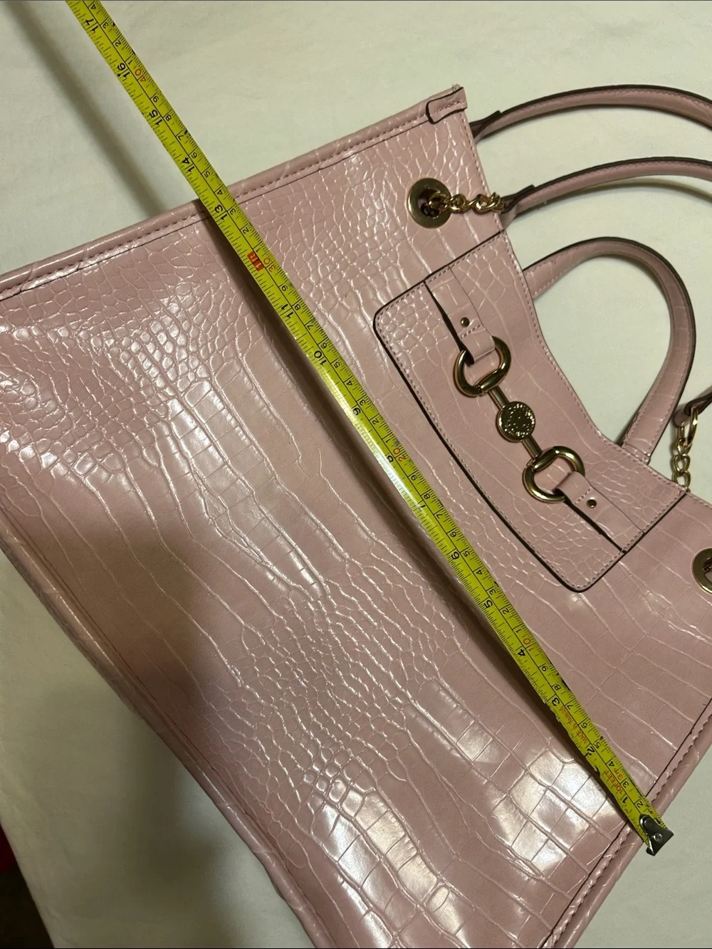 Anne Klein Blush Pink Croc-Embossed Satchel with Gold Hardware